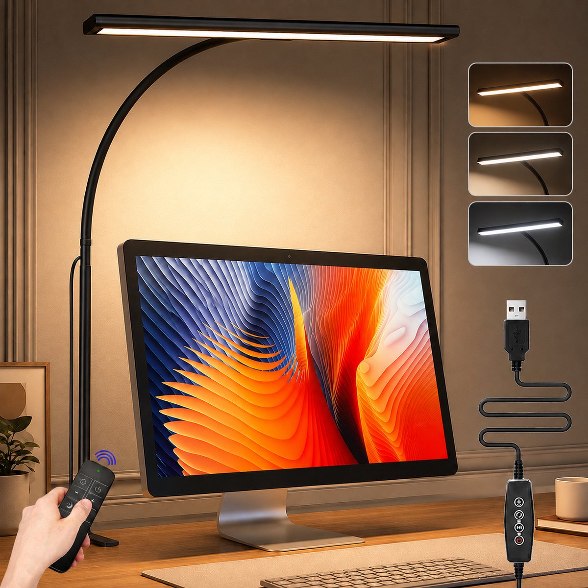 Lapamax Bureaulamp LED Dimbaar met Klem - Leeslamp met Afstandsbediening & 70 cm Flexibele Zwanenhals - 3 Lichtkleuren, 5 Helderheidsstanden & 1U Timer - Werklamp voor Tekenen, Naaien en Bureau - USB Voeding