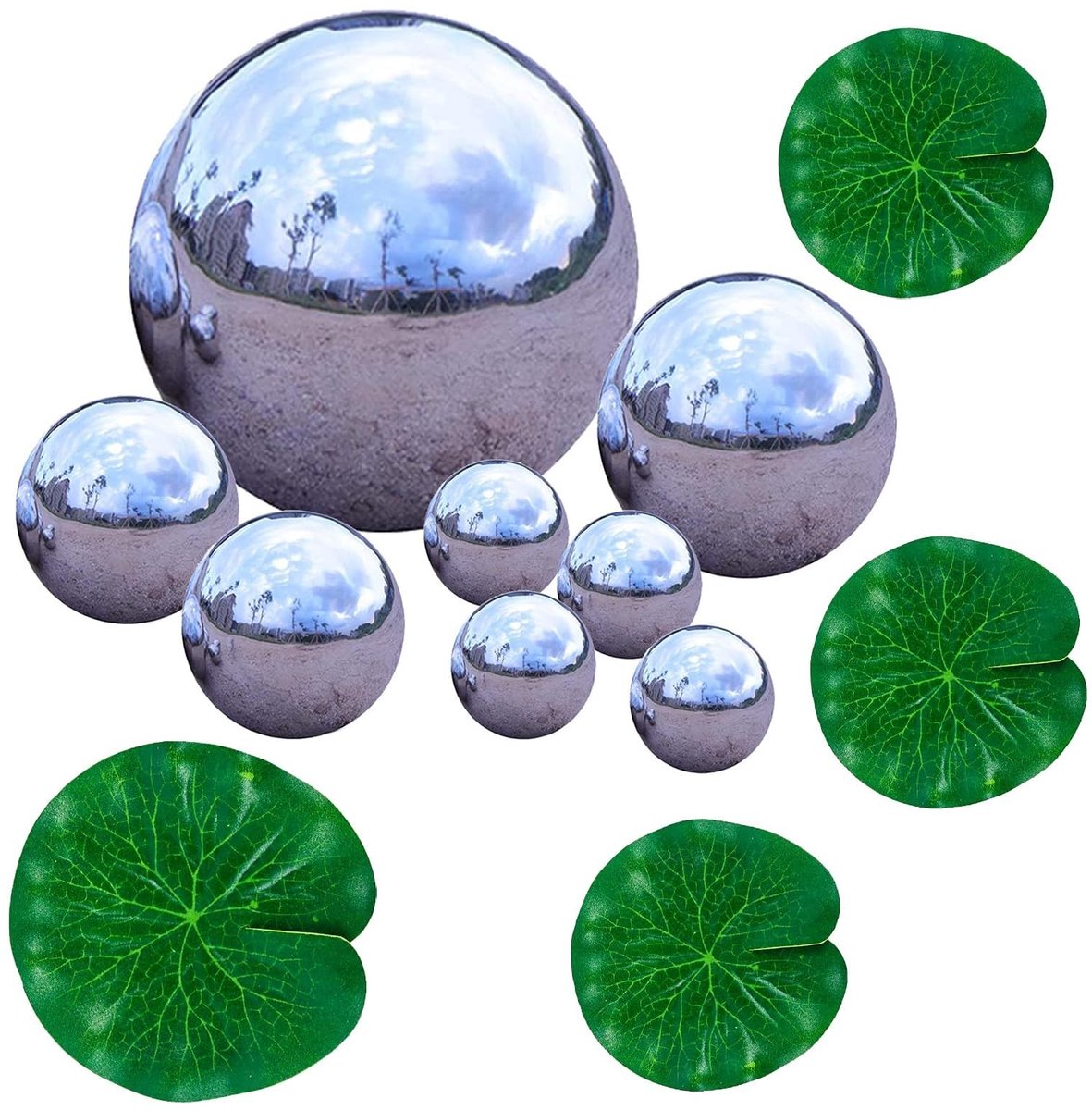 Solidchoice - Set van 8 Spiegelgepolijste Roestvrijstalen Tuinballen met Drijvende Lotusbladeren