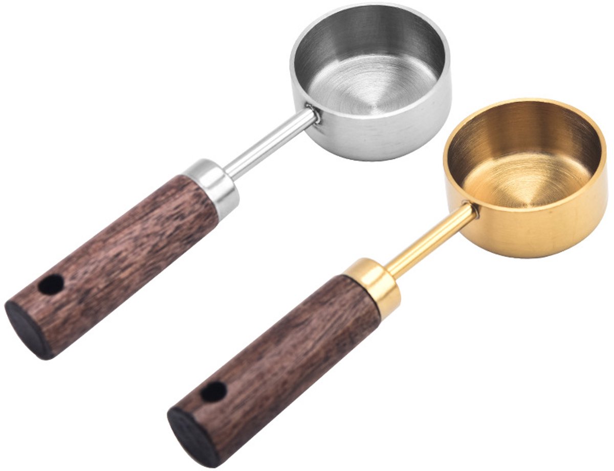 Set van 2 roestvrijstalen koffiemaatlepels met houten handvat, zilver en goudkleurige scheplepel voor koffiebonen en gemalen koffie