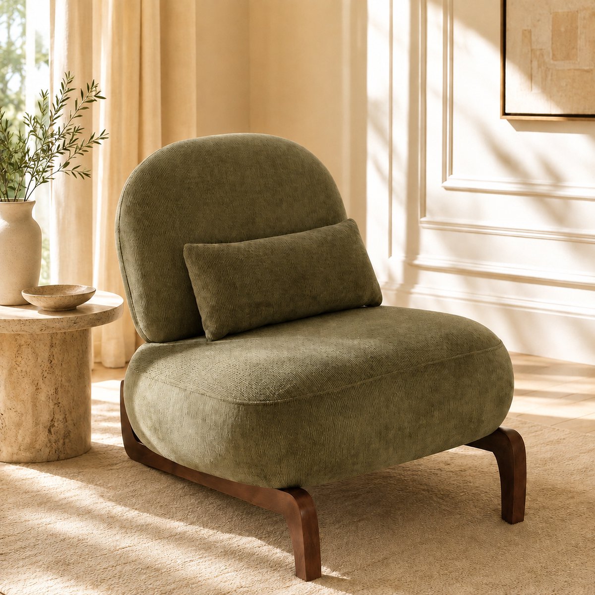 Welltin Fauteuil - Relaxstoel - Comfortabele TV-stoel - Leesstoel - Ergonomische stoel - Massief houten stoelpoten - Zachte stof - Inclusief zitkussen - Geschikt voor de woonkamer, slaapkame - Groente