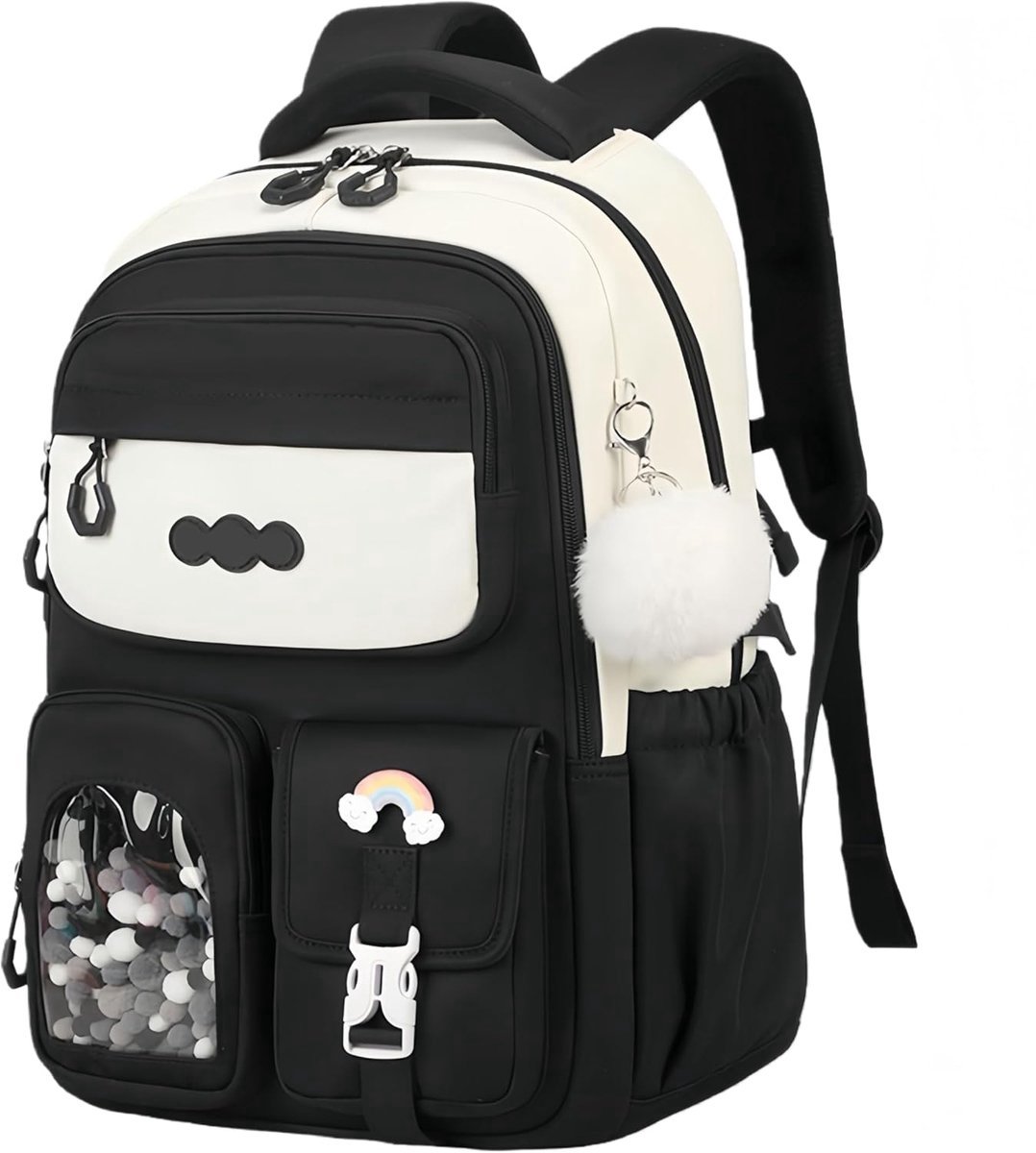 Schattig Meisjes Rugzak - Kawaii Kinderrugzak - Lichtgewicht Ergonomische Grote Capaciteit Schooltas met Pluizige Hanger - Dagrugzak voor Meisjes Reizen en Dagelijks Gebruik