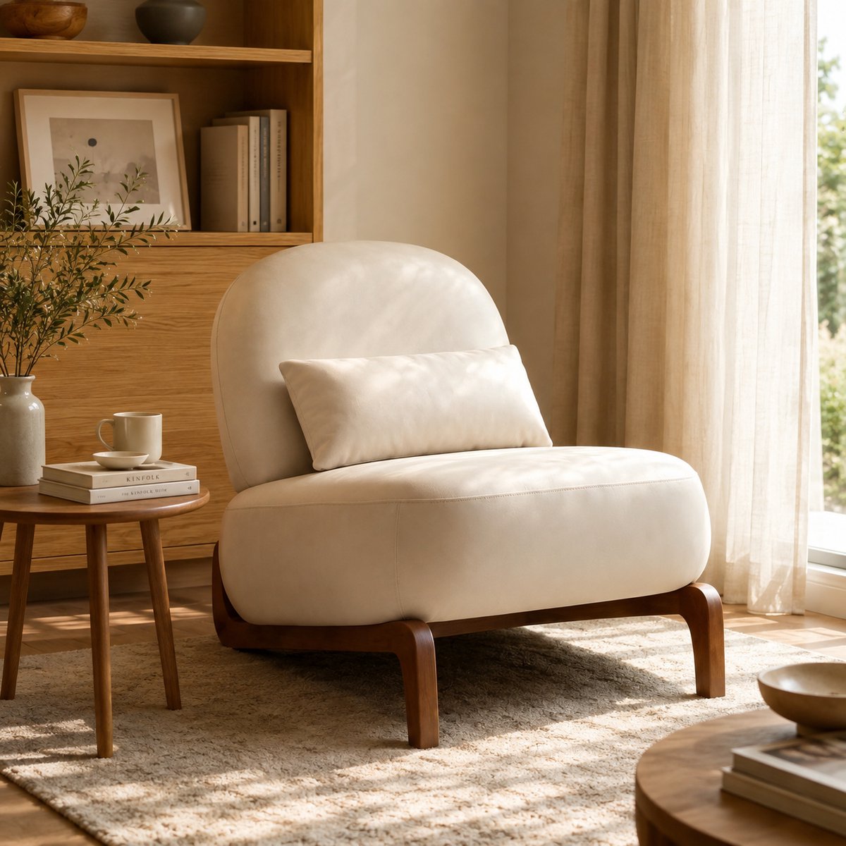Welltin Fauteuil - Relaxstoel - Comfortabele TV-stoel - Leesstoel - Ergonomische stoel - Massief houten stoelpoten - Kunstleer - Inclusief zitkussen - Geschikt voor de woonkamer, slaapkame - Crèmekleur