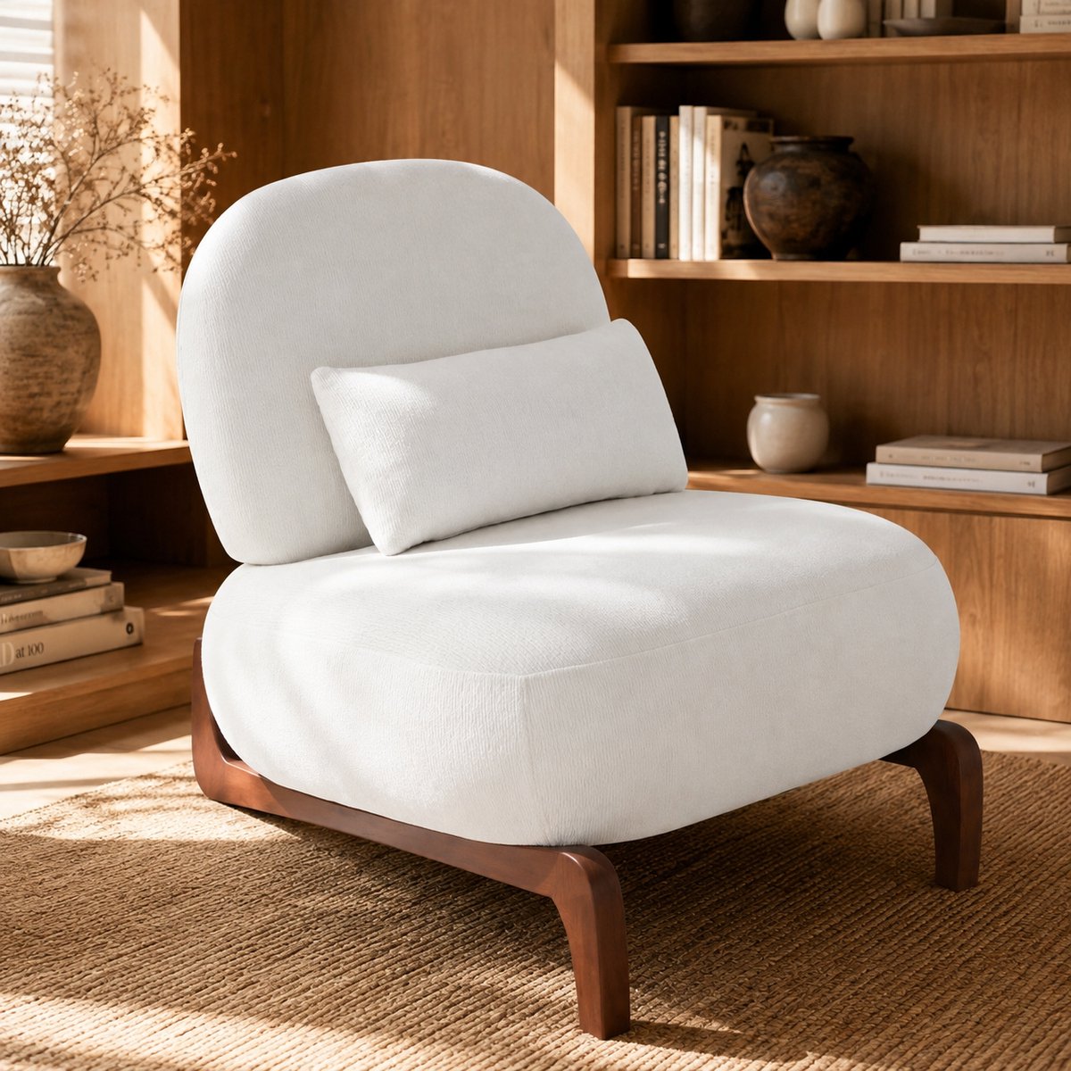 Welltin Fauteuil - Relaxstoel - Comfortabele TV-stoel - Leesstoel - Ergonomische stoel - Massief houten stoelpoten - Zachte stof - Inclusief zitkussen - Geschikt voor de woonkamer, slaapkame - Wit