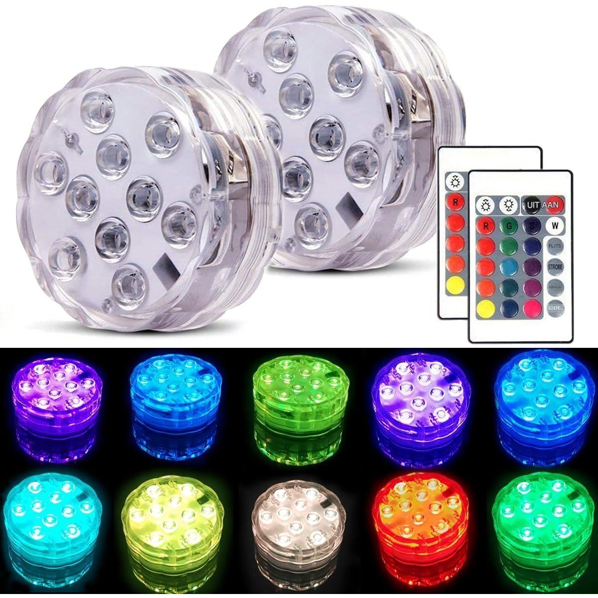 SSTRWGOOD 2 Stuks Tuinverlichting - RGB LED Onderwaterlamp - Multicolor Licht met 16 Kleurenmodi - Geschikt voor Zwembad Vase Spa Aquarium en Tuin - ABS Materiaal - IP68 Waterdicht - 5W per Lamp - 20m Besturing - Incl. Afstandsbediening - 7x7x3cm