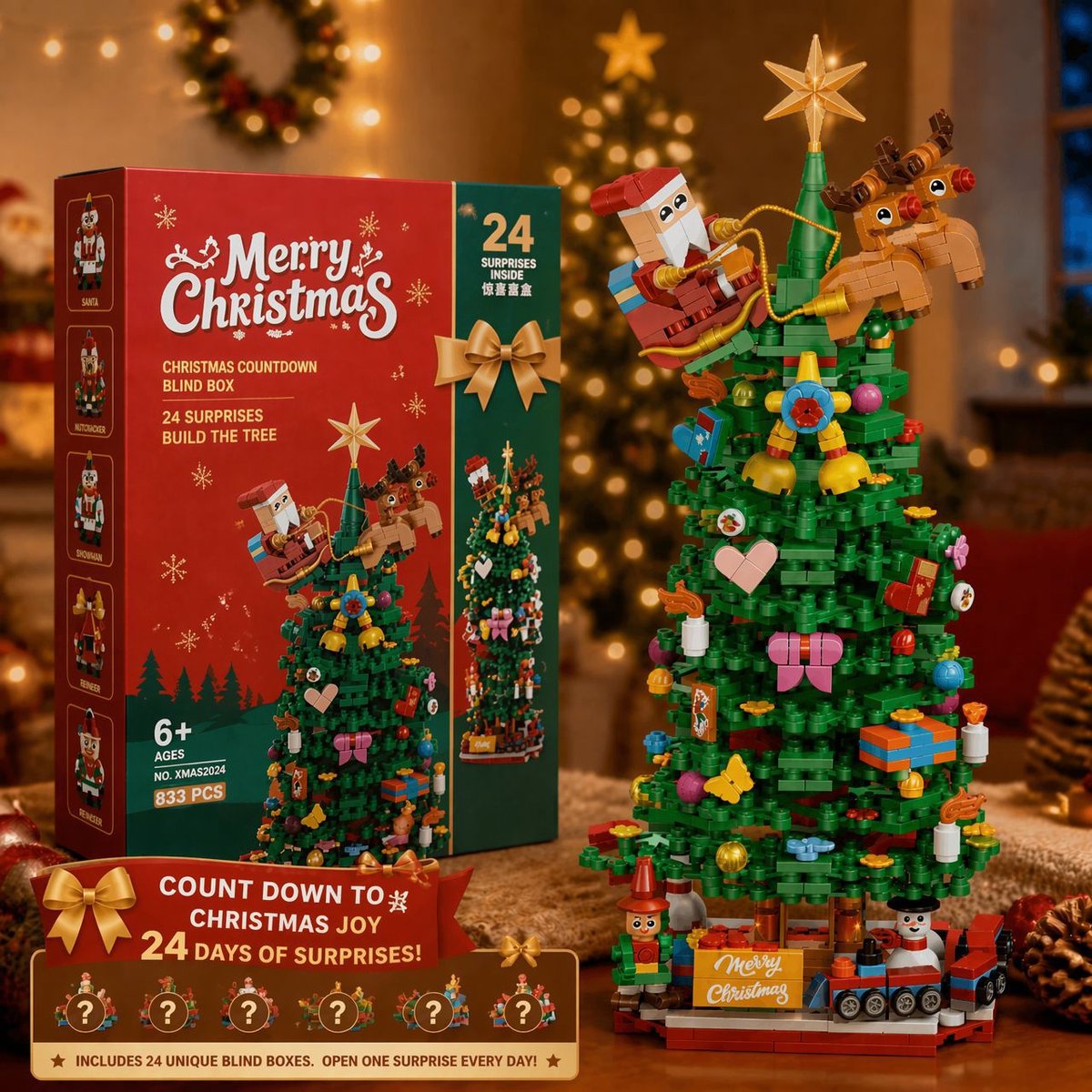 Kerst Adventskalender Bouwstenen 2026 – 24 Dagen Kerst Countdown Kalender – 24 Verrassingsdoosjes – Kerstboom Bouwset 833 Stuks – Kerst Cadeau voor Kinderen en Volwassenen - Cadeautjes - Kerst