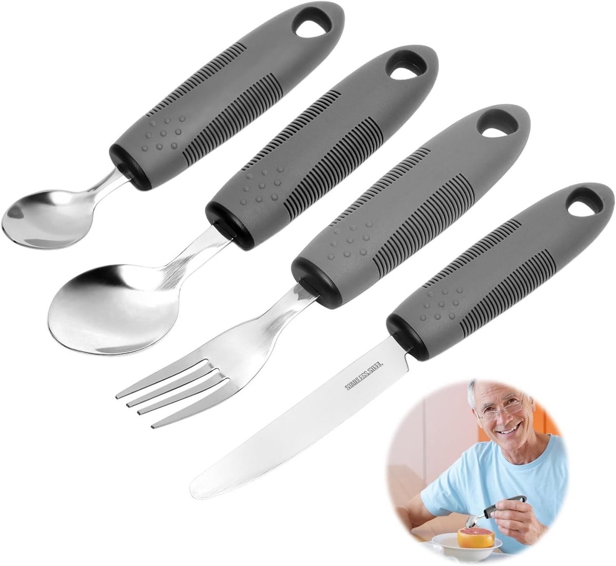 Ergonomisch bestek voor senioren en mensen met een beperking, 4-delige set, antislip handgrepen, roestvrij staal, vaatwasmachinebestendig, eet- en voedselhulp