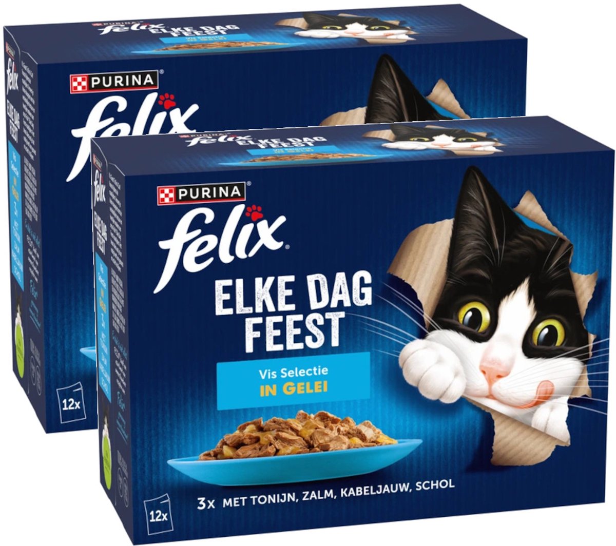 Felix Felix Elke Dag Feest Vis Selectie In Gelei Tonijn&Zalm&Pladijs - Multipack - Katten Natvoer - 2040g (2x12x85g)