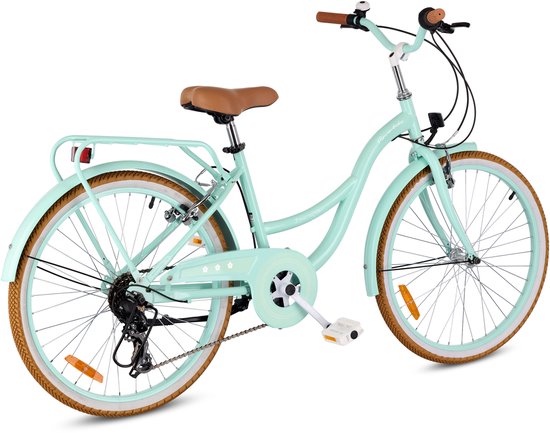 SUN BABY FLOWER BIKE RETRO Kinderfiets 24 inch, Fiets voor een meisje 24" - 7 versnellingen, stalen frame, V-brakes, spatborden, kettingkast, verlichting, bel, verstelbaar - Mint van Sun Baby — afbeelding 4