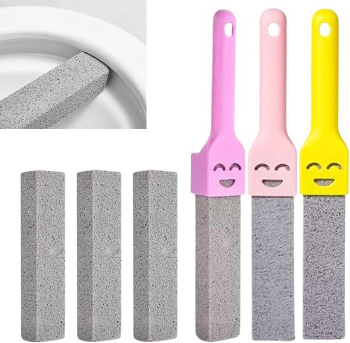 Reinigingsborstel met puimsteen - 6 stuks - 3 handgrepen - vervangbaar - vlekken verwijderen - toilet, badkamer, keuken, zwembad