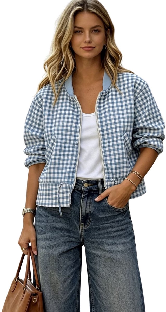 Currero Zomerjas Dames Tussenjas Zomerjack Volwassenen Windjack Windbreaker Outdoor En Blauwe En Witte Plaid