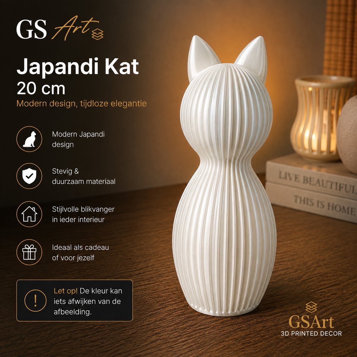 GSArt Japandi Kat 20 cm – Modern 3D Geprint Decoratiebeeld - Zijde Wit