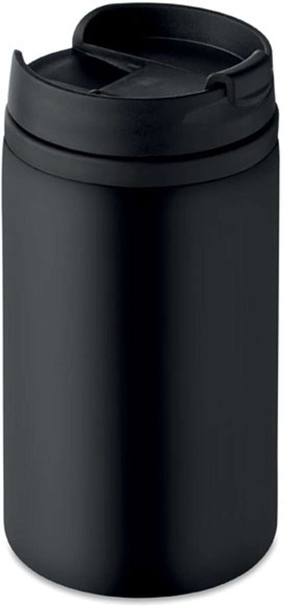 Dubbelwandige roestvrijstalen beker met dop en PP binnenzijde. Lekvrij. 250 ml. Lekvrij. Zwart