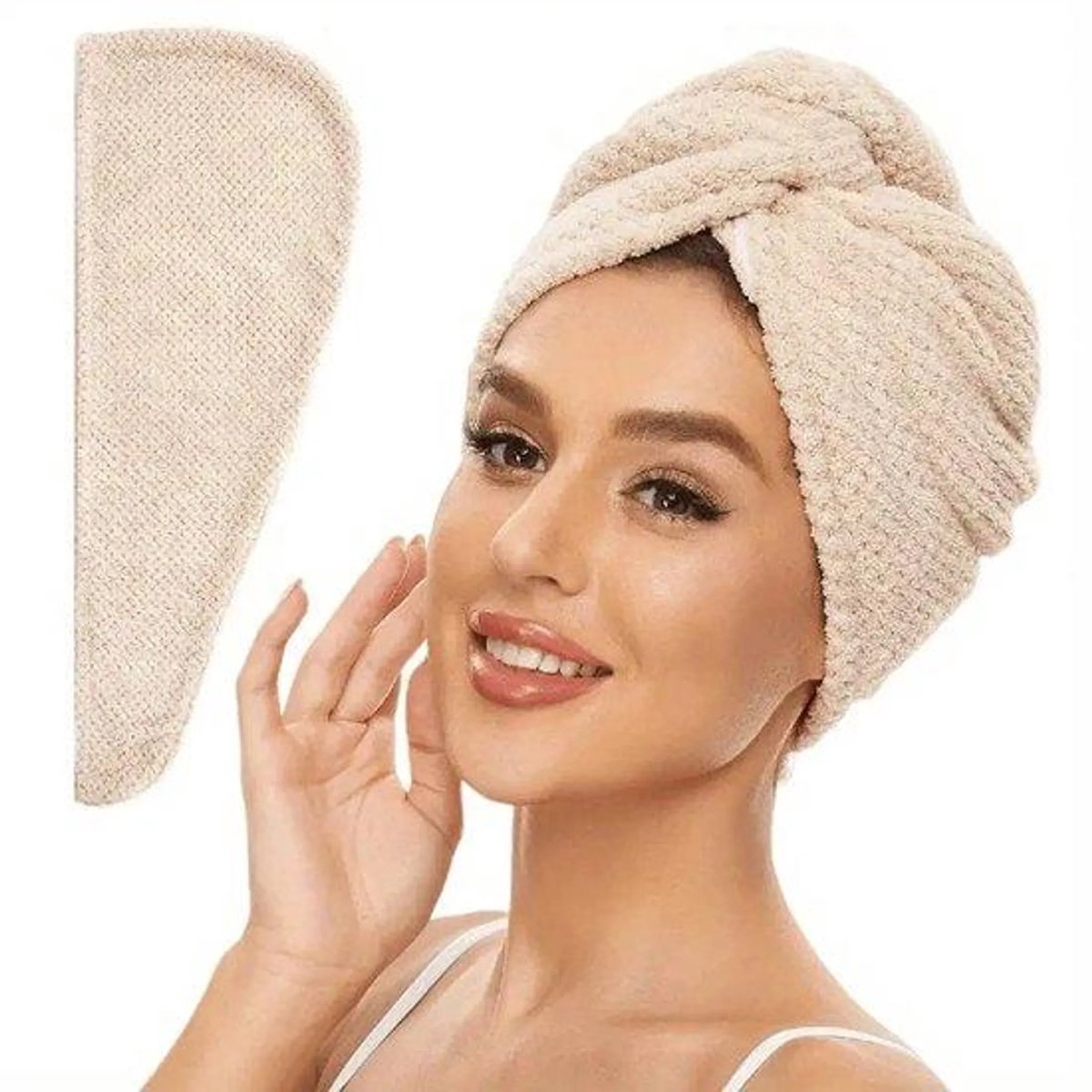 Casalora 2 Stuks Absorberende Haarhanddoek voor Dames – Getextureerde Droge Haarkap, Effen Kleur Khaki, Wikkel met Knopsluiting – 65x25.5 cm