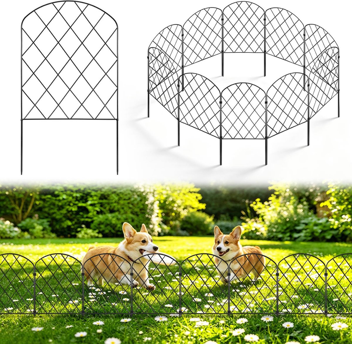 Lemlit Tuinhek 10 Stuks - Metalen Insteekhek, Borderhek, Sierhek, Gazonrand, Dierenhek en Parkhek met Ruitpatroon voor Tuin Bloemperk Kerstboom - 32,5 x 61 cm - Zwart