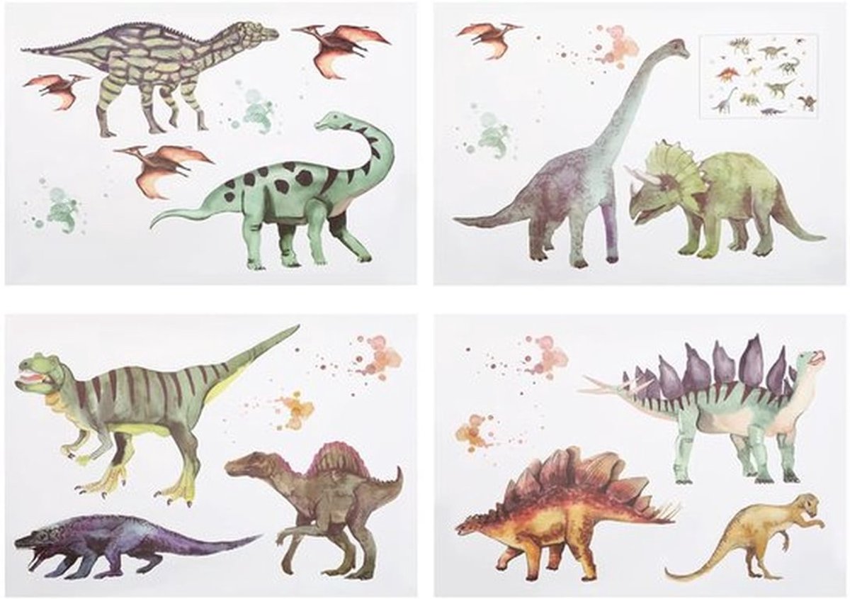 Muurstickers Dinosaurus Set van 4 - Zelfklevend - Waterdicht PVC - Wanddecoratie Kinderkamer - 25x35cm - Multikleur