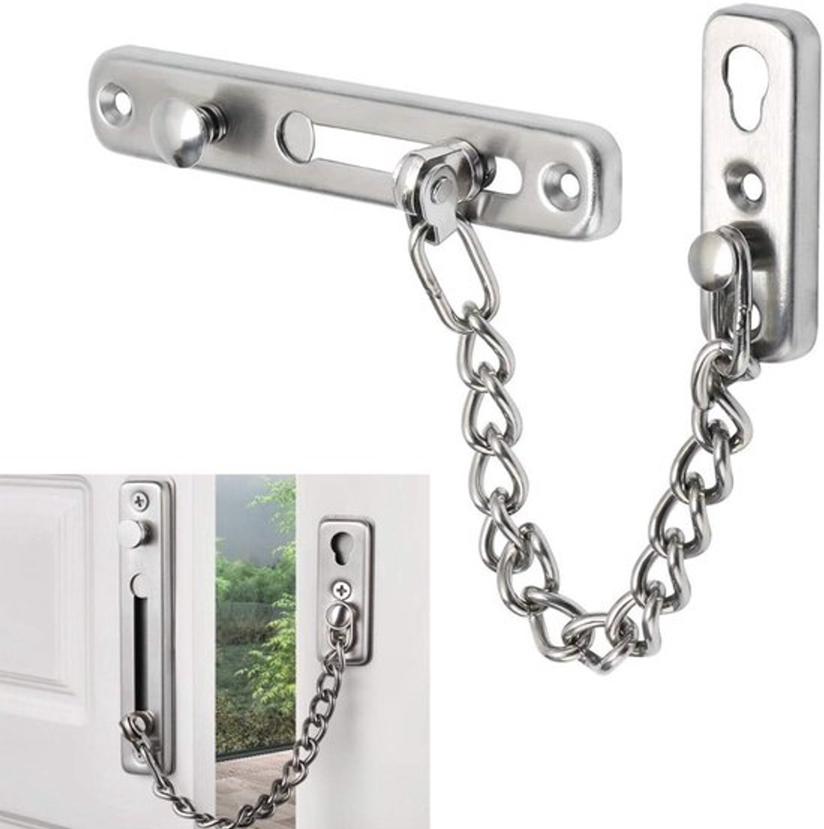 Daity 1 stuk - deurketting slot - roestvrijstalen deurbescherming met veer - anti diefstal-drukslot - voor thuisbeveiliging - zilver