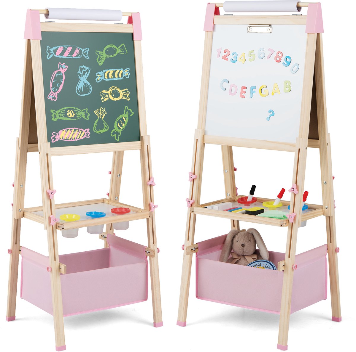 COSTWAY 3-in-1 schildersezel voor kinderen, dubbelzijdig kinderbord, in hoogte verstelbaar met whiteboard en krijtbord, staande bord incl. papierrol, cijfers, krijtjes en kleurpotloden, voor kinderen