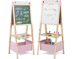 COSTWAY 3-in-1 schildersezel voor kinderen, dubbelzijdig kinderbord, in hoogte verstelbaar met whiteboard en krijtbord, staande bord incl. papierrol, cijfers, krijtjes en kleurpotloden, voor kinderen