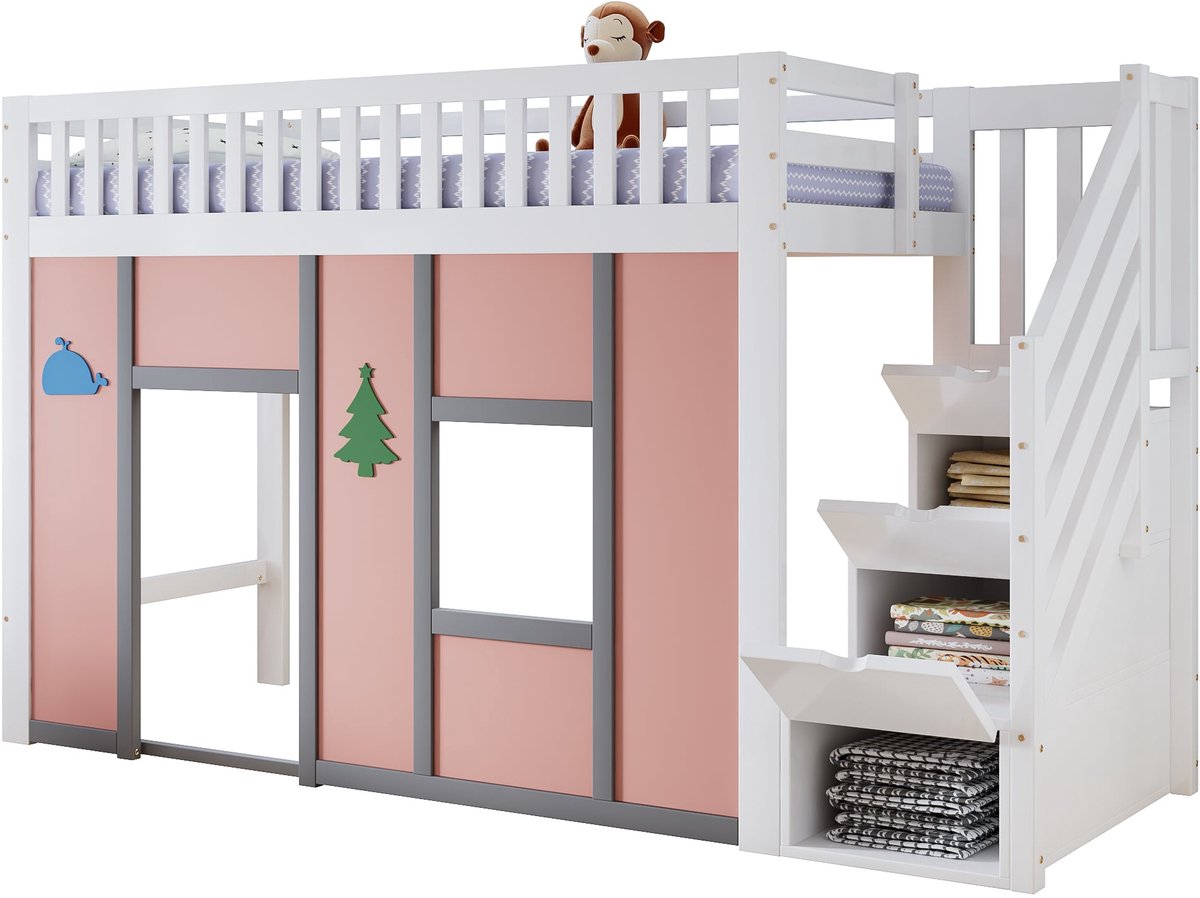 Merax Hoogslaper 90x200 cm - Kinderbed Met Opbergtrap - Speelruimte - LED Verlichting - Veiligheidshek - Houten Lattenbodem - Wit En Roze