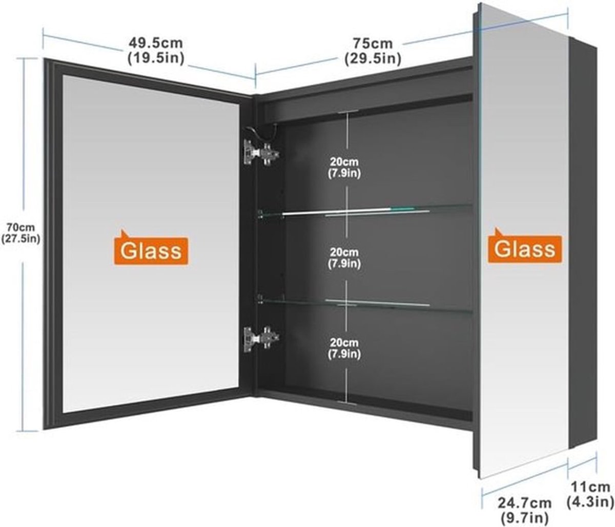 SnelShoppen - LED Spiegel Medicijnkast 75x70cm met Verlichting, Dimbare Drie-kleurige Makeup Spiegel, USB en Stopcontacten voor Badkamer & Slaapkamer