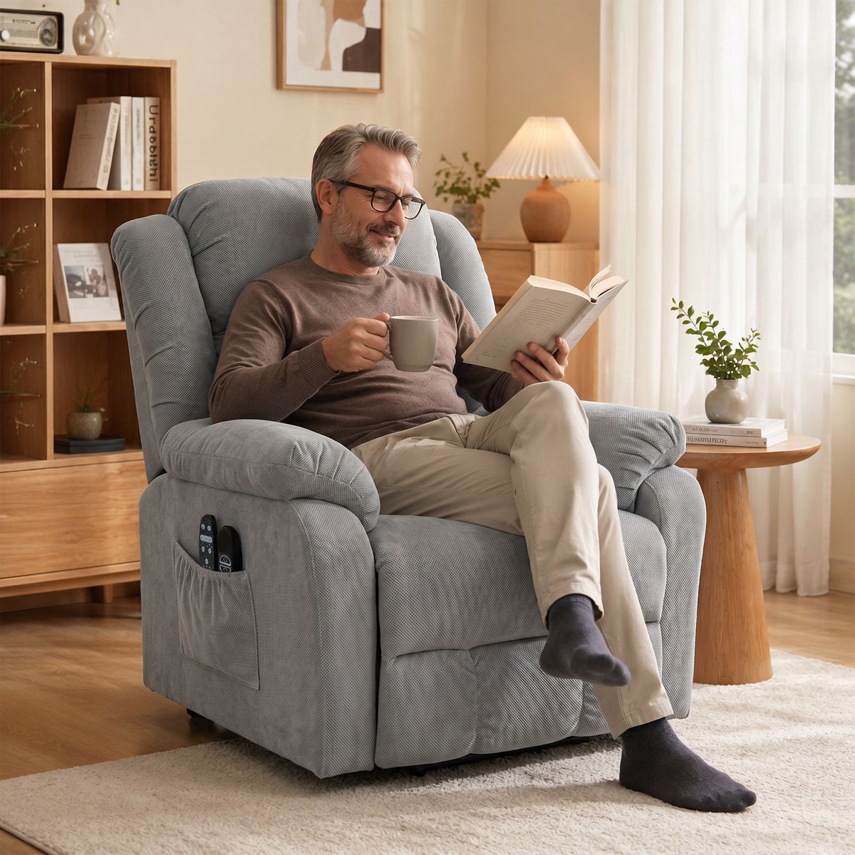 HOMCOM relaxfauteuil met opstahulp en massage - TV-fauteuil elektrisch - Sta-op stoel - Lichtgrijs – foto 2