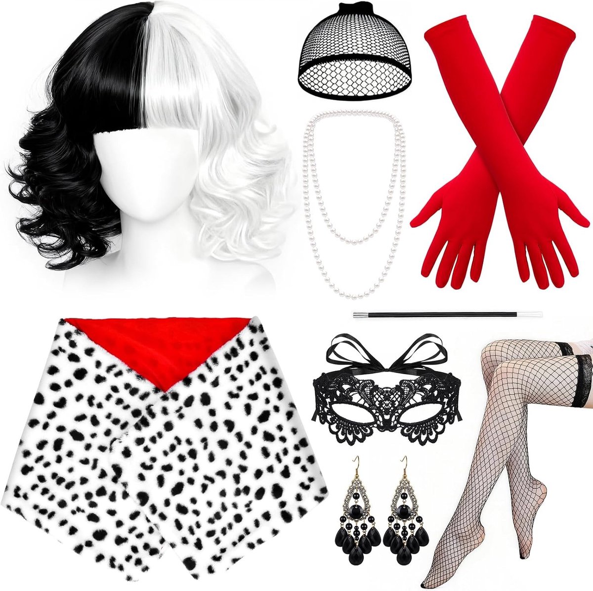 Dames Cruella De Vil Kostuum - 9-delig Zwart-Wit Outfit met Perlenketting, Oorbellen, Sjaal en Visnet Kousen voor Carnaval en Cosplay Feestjes