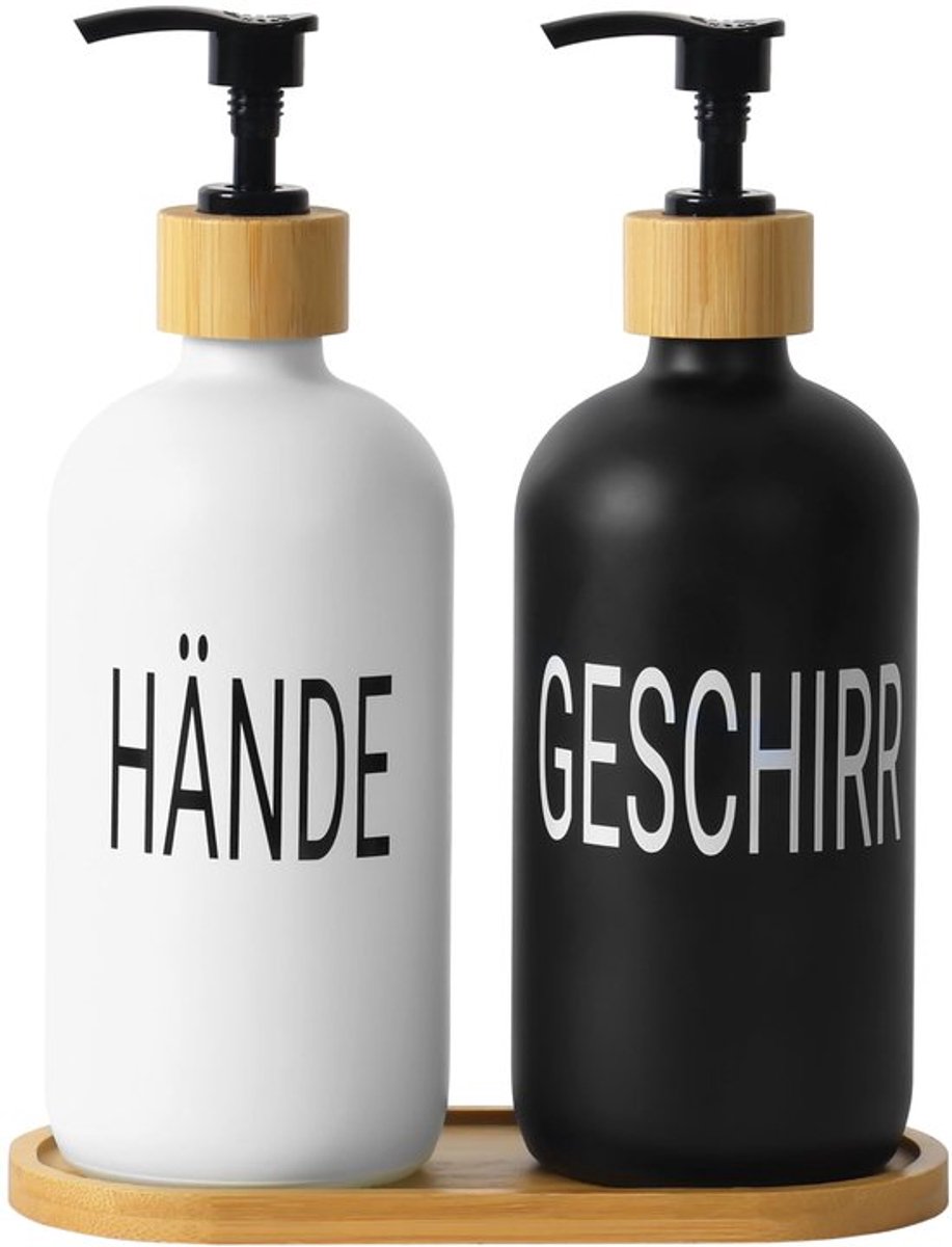 Zeepdispenser Set 2 Stuks - Glazen Zeepdispenser - Bamboe Lekbak - 500 ml - 7,5 x 21,5 cm - Antislip Ondergrond - Afwasmiddel Dispenser