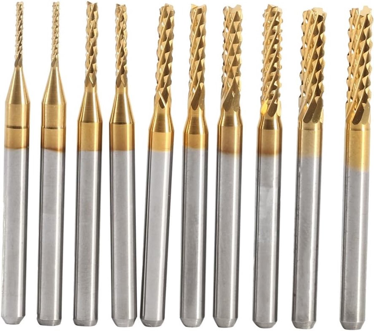 Set van 10 Titanium Gecoate Freesbits voor CNC Bewerking, Geschikt voor Hout, Staal en PCB