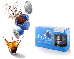 Bluecup Hervulbare Nespresso Capsules, Herbruikbaar, Nederlands Merk, Starterset met 2 Capsules en 100 Aluminium Deksels