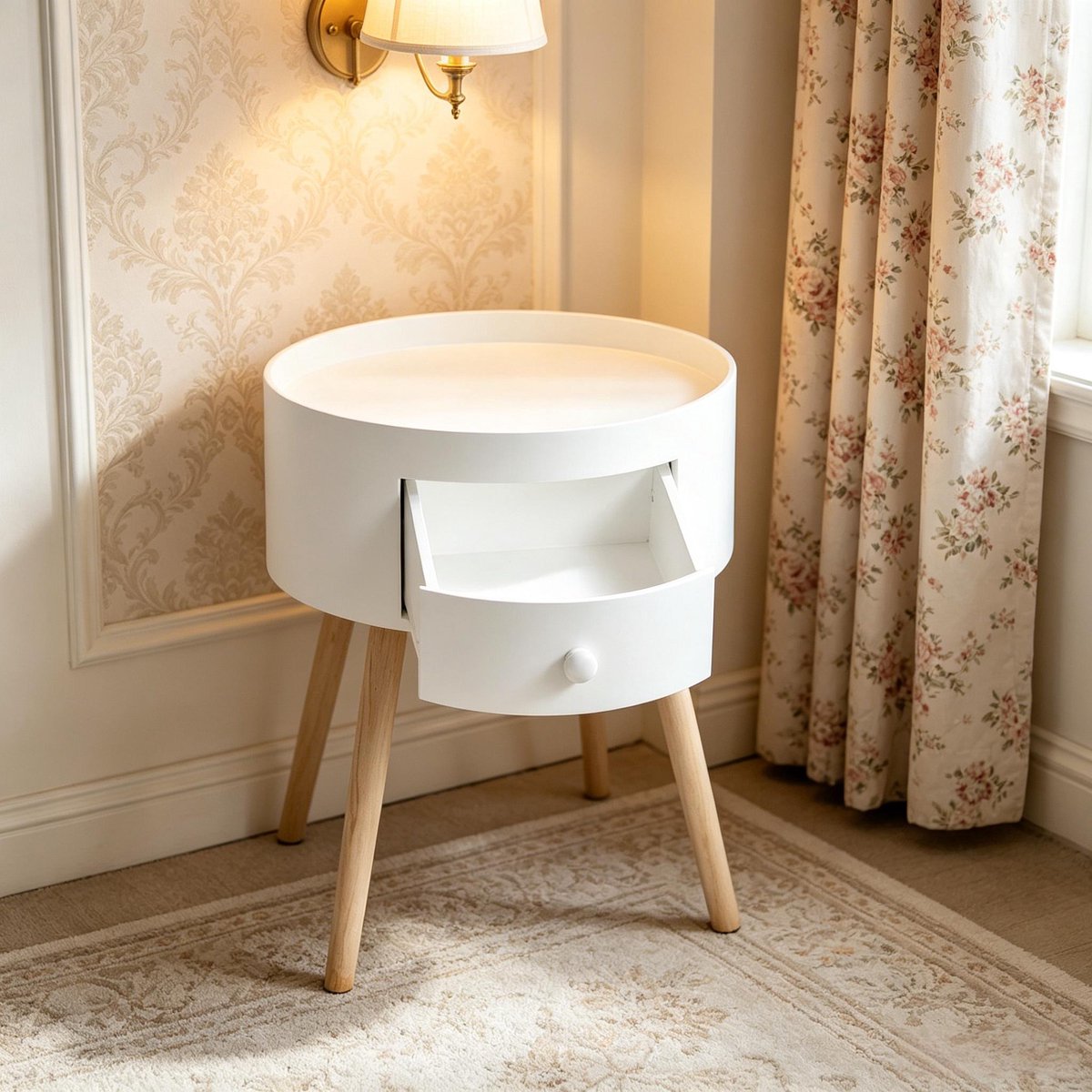Bedtafel 38 cm - Rond Nachtkastje Met Lade - Compact En Stijlvol - Voor Slaapkamer En Gastenkamer - MDF En Hout - Wit En Hout - Zonder Matras