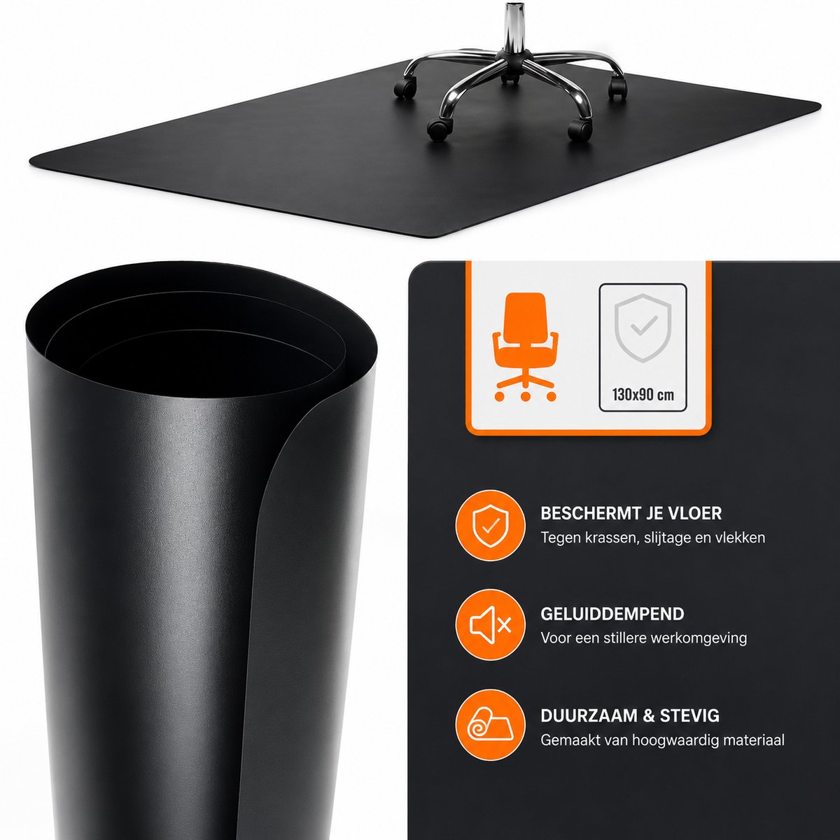 FSW-Products Bureaustoelmat 130x90 cm – Vloerbeschermer voor Bureaustoel – Beschermmat voor Harde Vloeren – Zwart