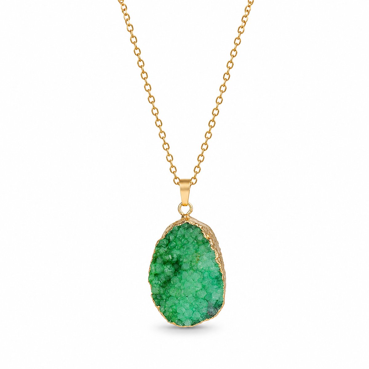 Marama Druzé Groen – Gouden Damesketting met Druzy Crystal – Stainless Steel – Nikkelvrij – 45 + 5 cm