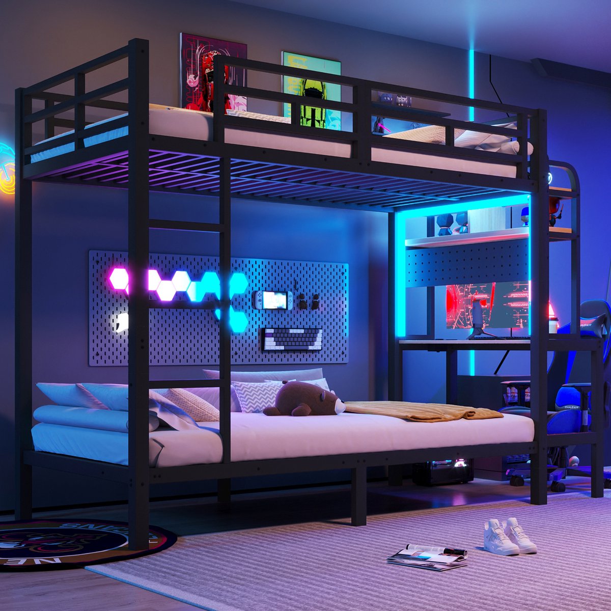 Hoogslaper 90x200 cm - Metalen Kinderbed met Bureau, Opbergruimte, LED Verlichting, USB-Aansluiting, Veiligheidshek en Ladder - Zonder Matras - Zwart