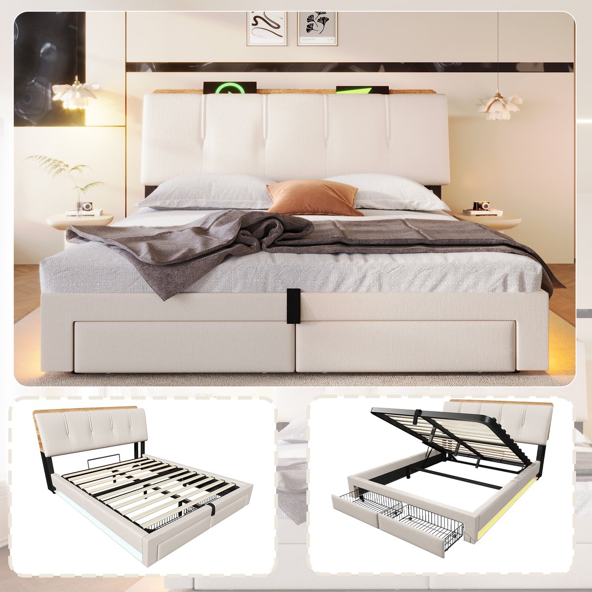 Gestoffeerd Bed 140x200 cm - Met LED-Verlichting - Met Opbergruimte - Met Lades - Beige