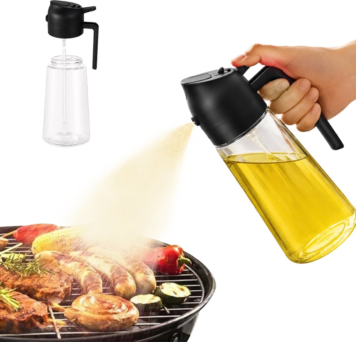 OKWISH Oliefles- Twee In Een - Voor Gelijkmatig Oliën En Makkelijk Gieten - Met Verstuiver 470 Ml - Glas - Zwart