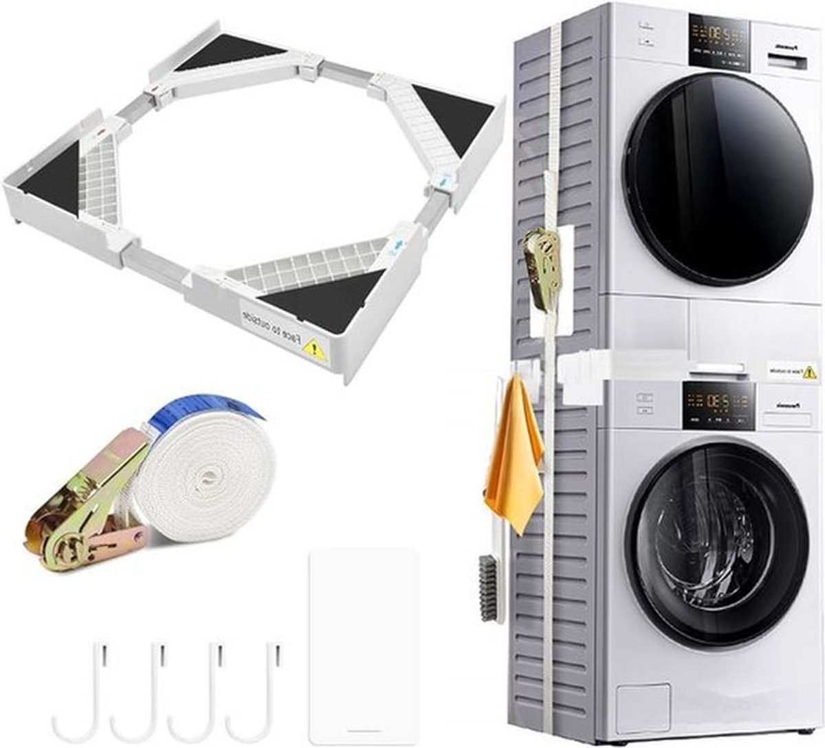 Verstelbare Stapelset voor Wasmachine en Droger met 8 Antislip Pads en Spanklemmen, Geschikt voor 44.5–70 cm, Inclusief 4 Haken, Wit