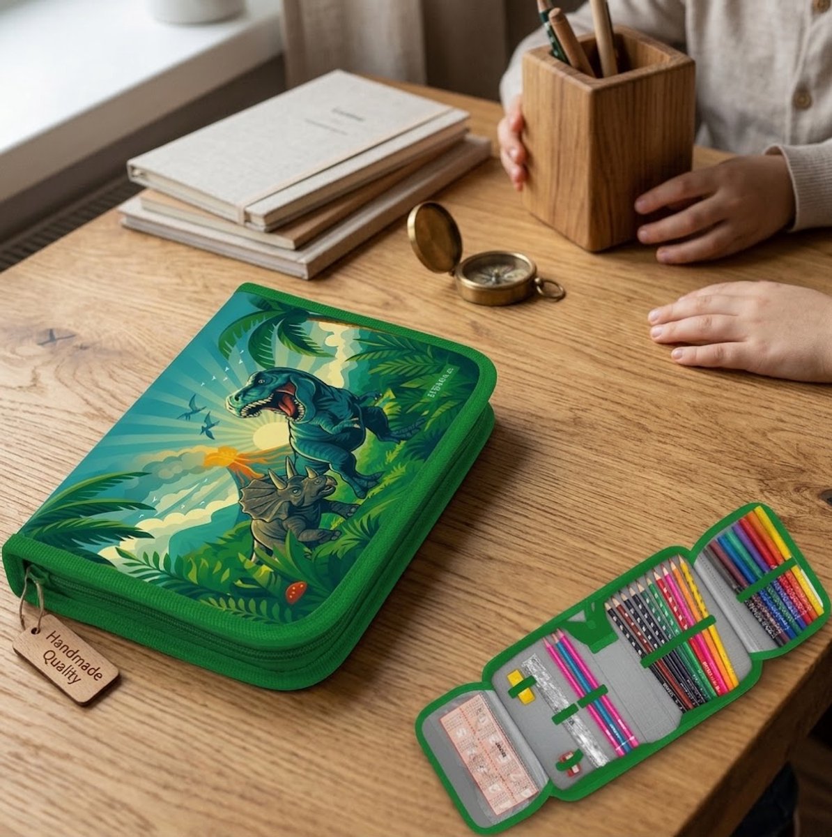 Dinosaurus Gevulde Etui voor Jongens (28-Delig) – Compacte Schooletui met 1 Rits & Extra Tasje – Compleet Schrijfset Basisschool