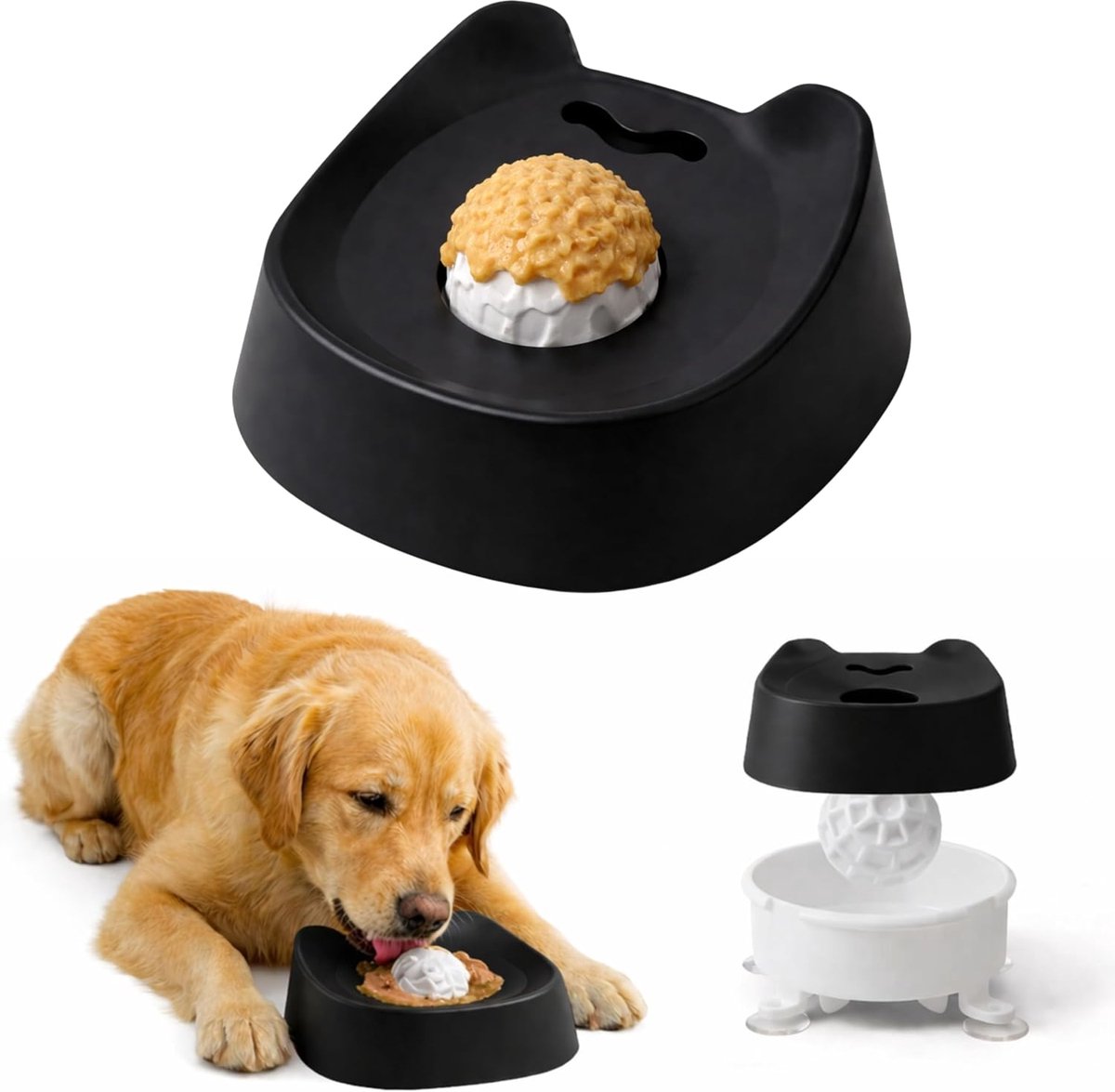 VHV-Likkom hond - Voor rustiger voeren met roterende bal - 14 x 13 x 5,5 cm - Antislip met 4 zuignappen - Slowfeeder voor yoghurt, bouillon en zachte traktaties - Voor honden en katten - Siliconen - Zwart - 1 stuk