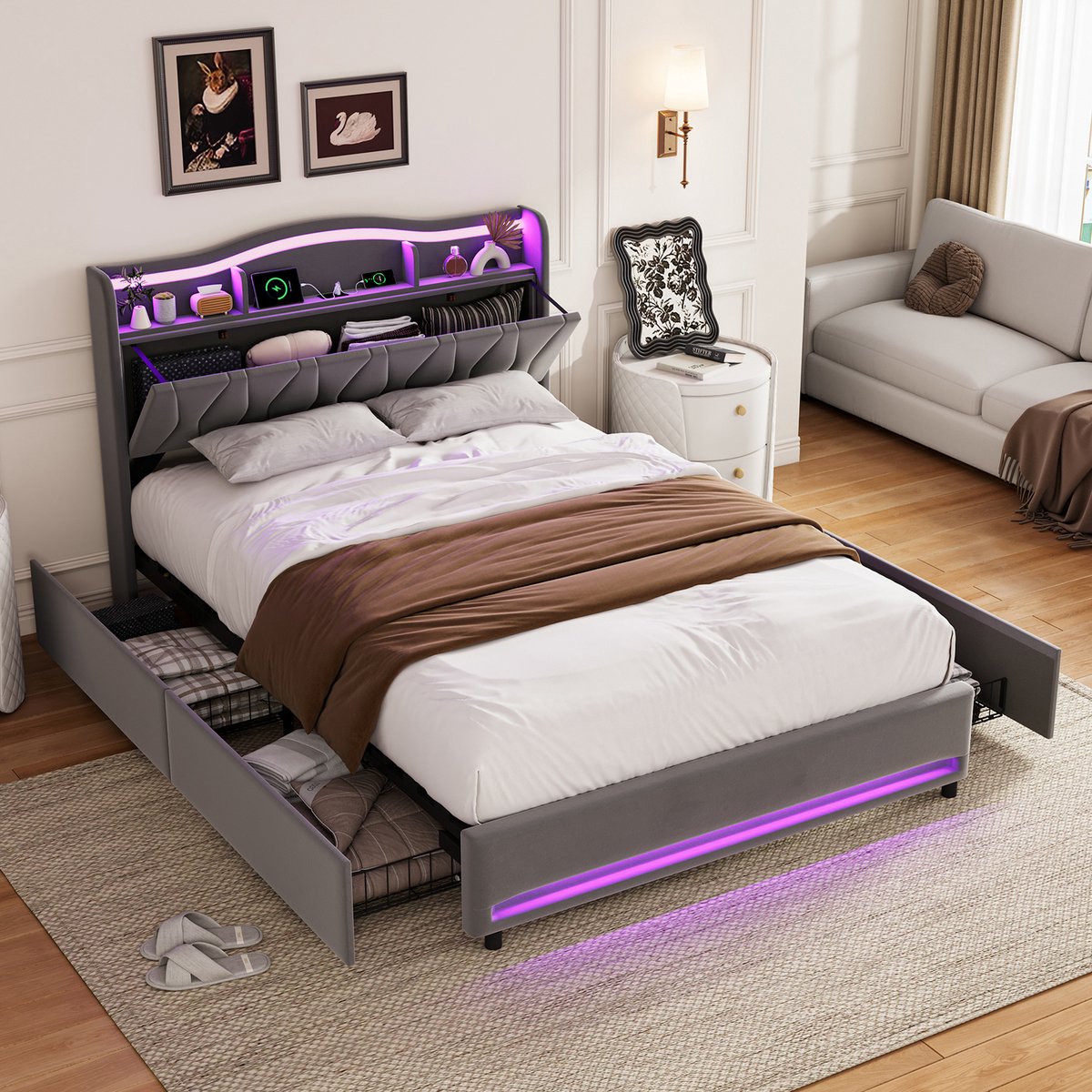 Opbergbed 140x200 cm met opbergruimte, Tweepersoonsbed met ledverlichting, USB-poort en 4 lades, Gestoffeerd bedframe 140x200, fluweel Grijs