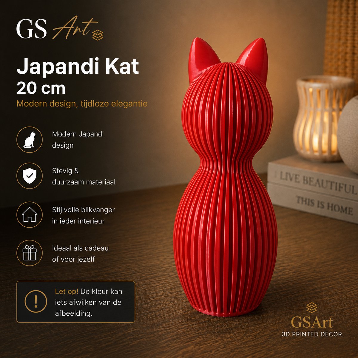 GSArt Japandi Kat 20 cm – Modern 3D Geprint Decoratiebeeld - Zijde Candy red