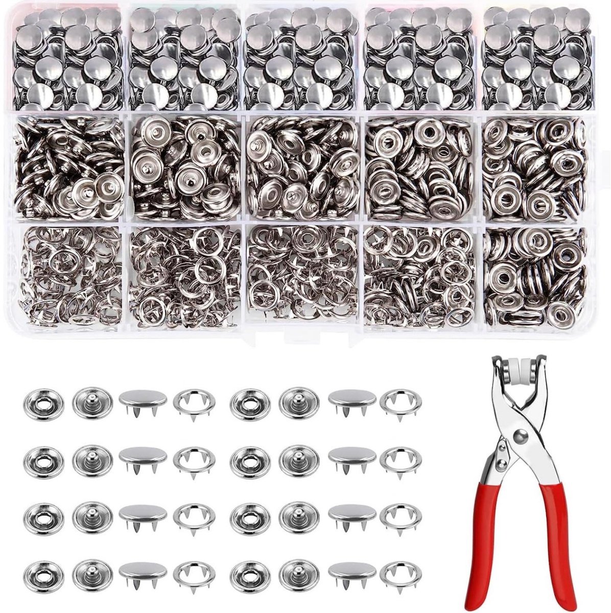 SSTRWGOOD 200 Stuks Drukknoop Set - Metalen Drukknopen - 9,5 mm - Vijfklauw Ontwerp voor Sterke Grip - Corrosiebestendig en Herbruikbaar - Geschikt voor Kleding, Tassen en DIY Handwerken - Inclusief Montagetang