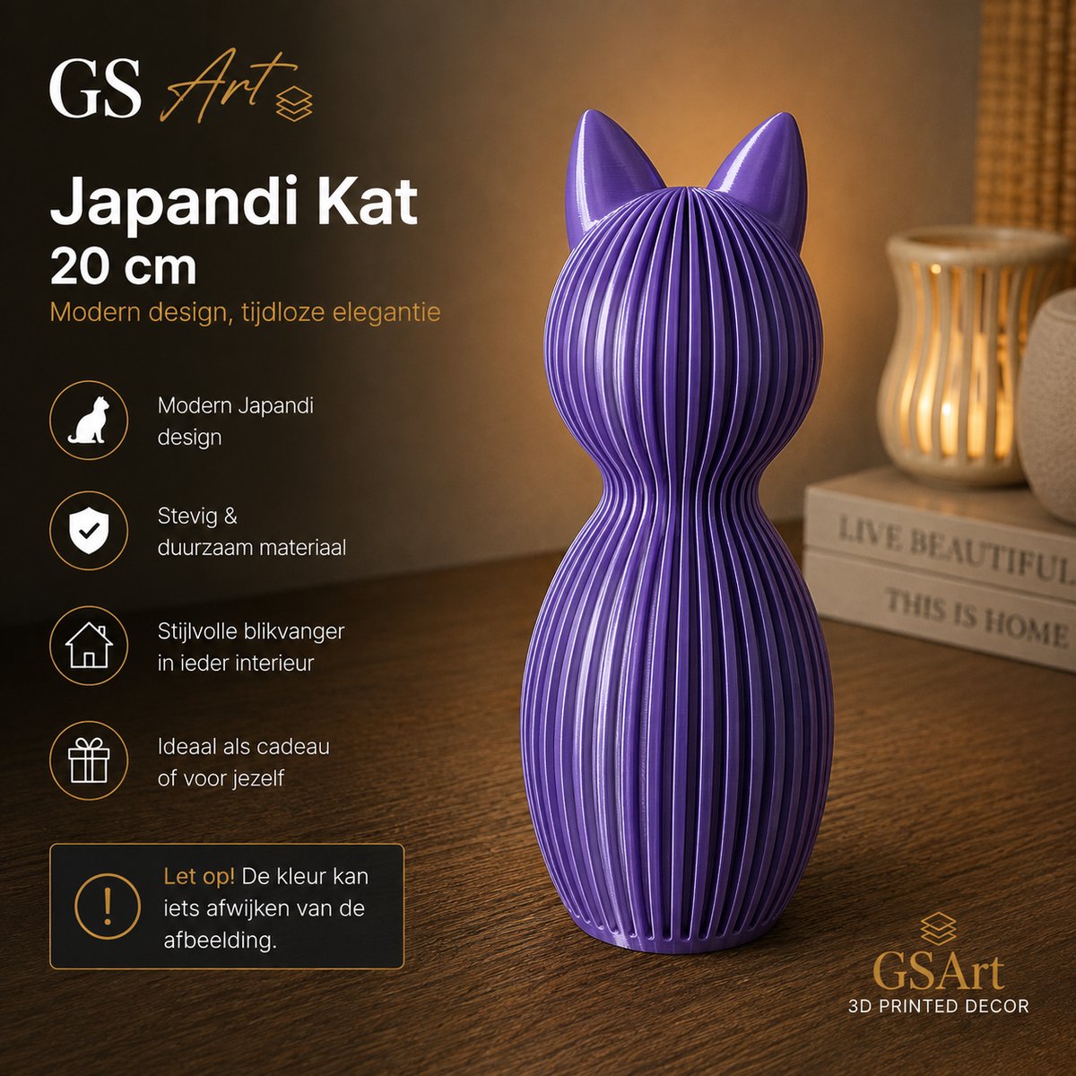 GSArt Japandi Kat 20 cm – Modern 3D Geprint Decoratiebeeld - Zijde Paars
