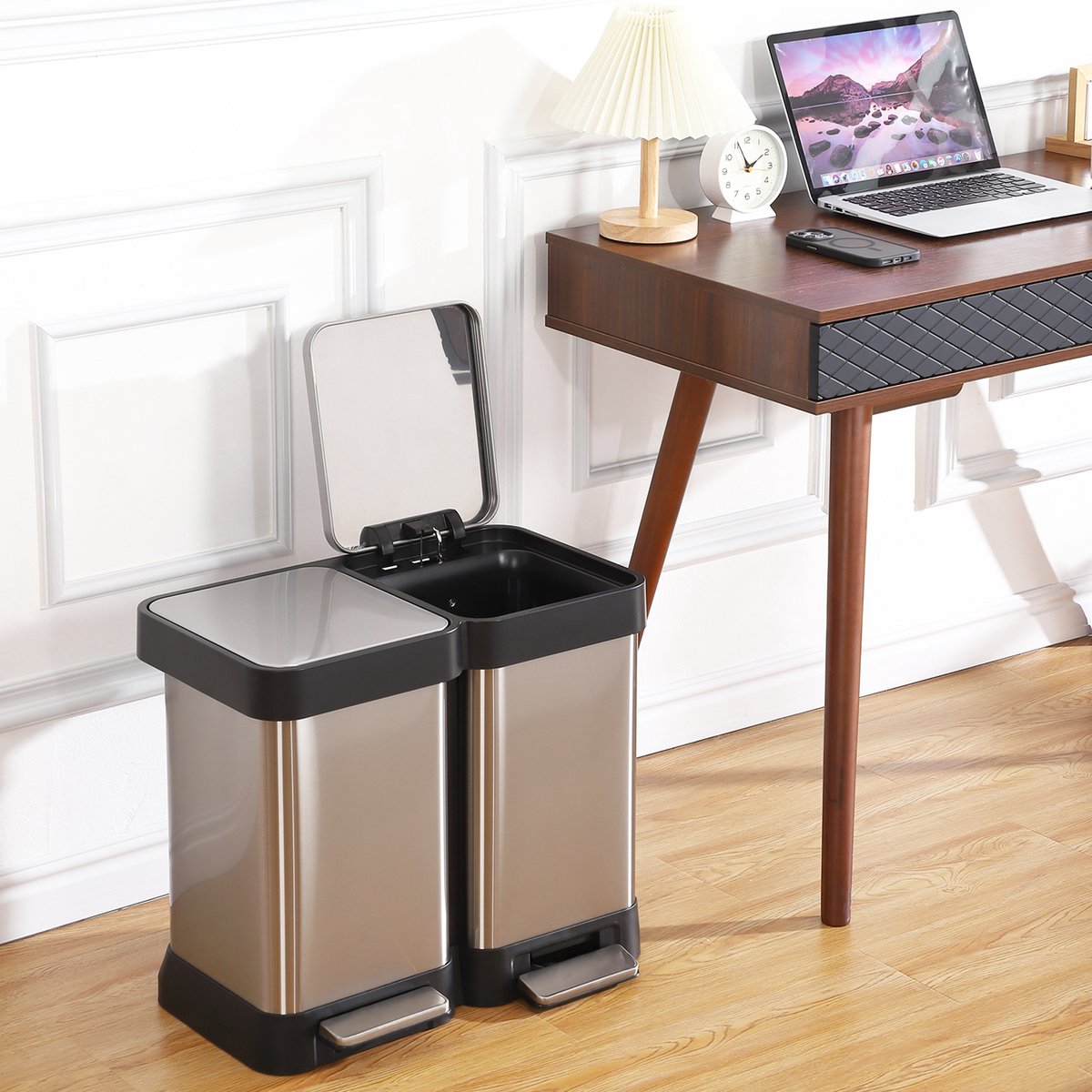 Pedaalemmer RVS 40L (2x20L) - 52.6x34x44.7cm - Prullenbak - Afvalbak 2 Compartimenten - Handsfree Trap - Grote Afvalbak - Voor Keuken Badkamer Woonkamer - Zilver