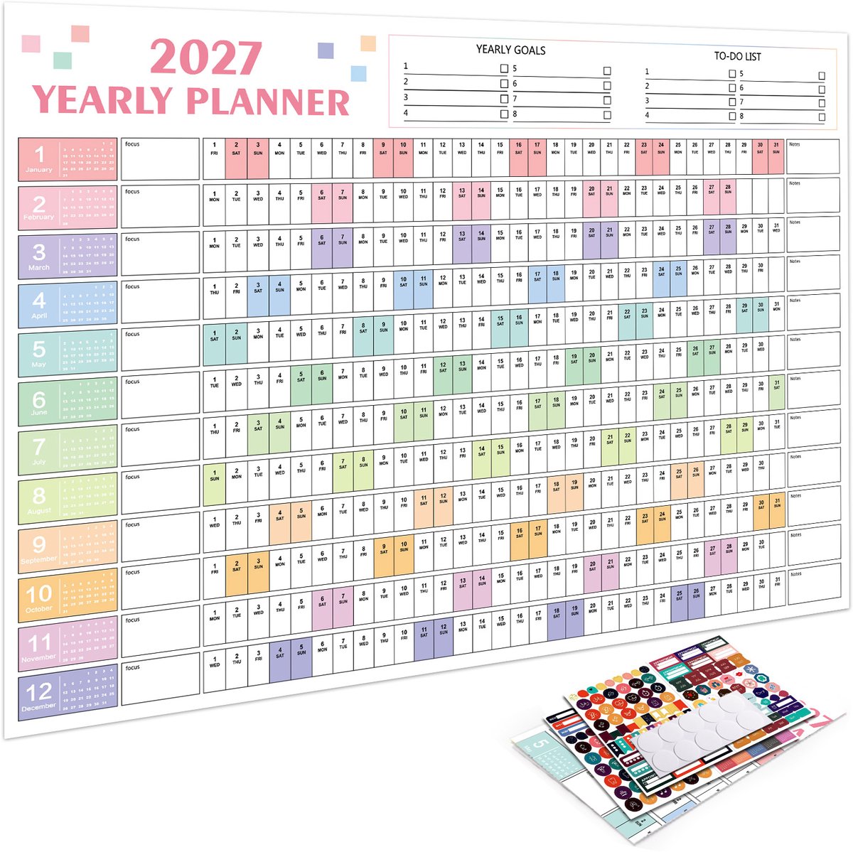 Grote wandkalender 2027 - 1 stuk - 12-maandenkalender - 52 × 74 cm - Dik papier - Veelzijdig - Geschikt voor het hele schooljaar - Ideaal voor school, kantoor of thuis