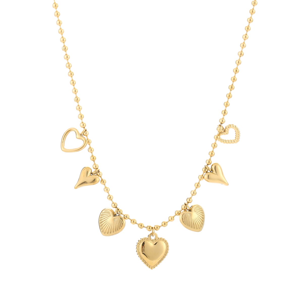 Elegante Bedelketting met Gevarieerde Hartenhangers - Dames Statement Ketting - Goud