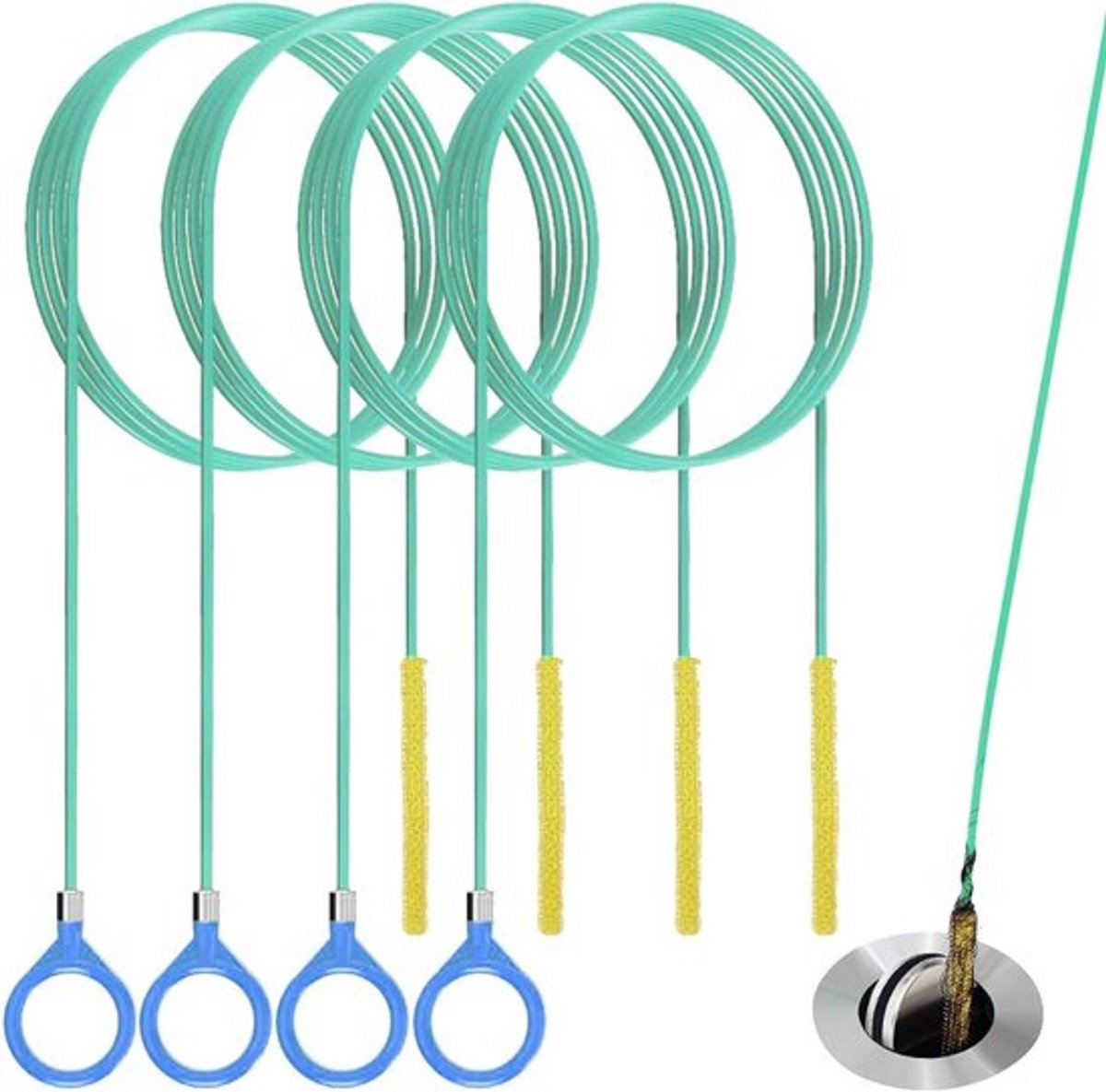 4-delige afvoerreiniger spiraal 90cm - nylon gecoate draad, pijpreiniger voor badkamer, gootsteen en douche - Effectief ontstoppen en reinigen
