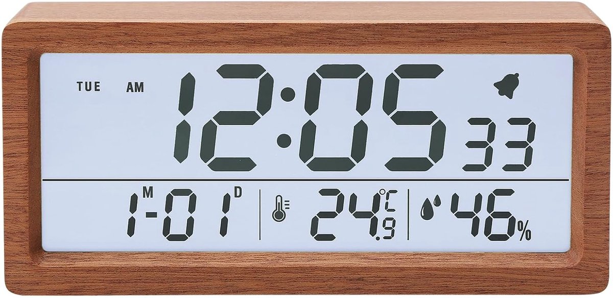 Digitale houten wekker met groot LCD‑scherm, tafelklok met temperatuur‑ en luchtvochtigheidsweergave en nachtlampje, batterijgevoed houtdesign voor thuis