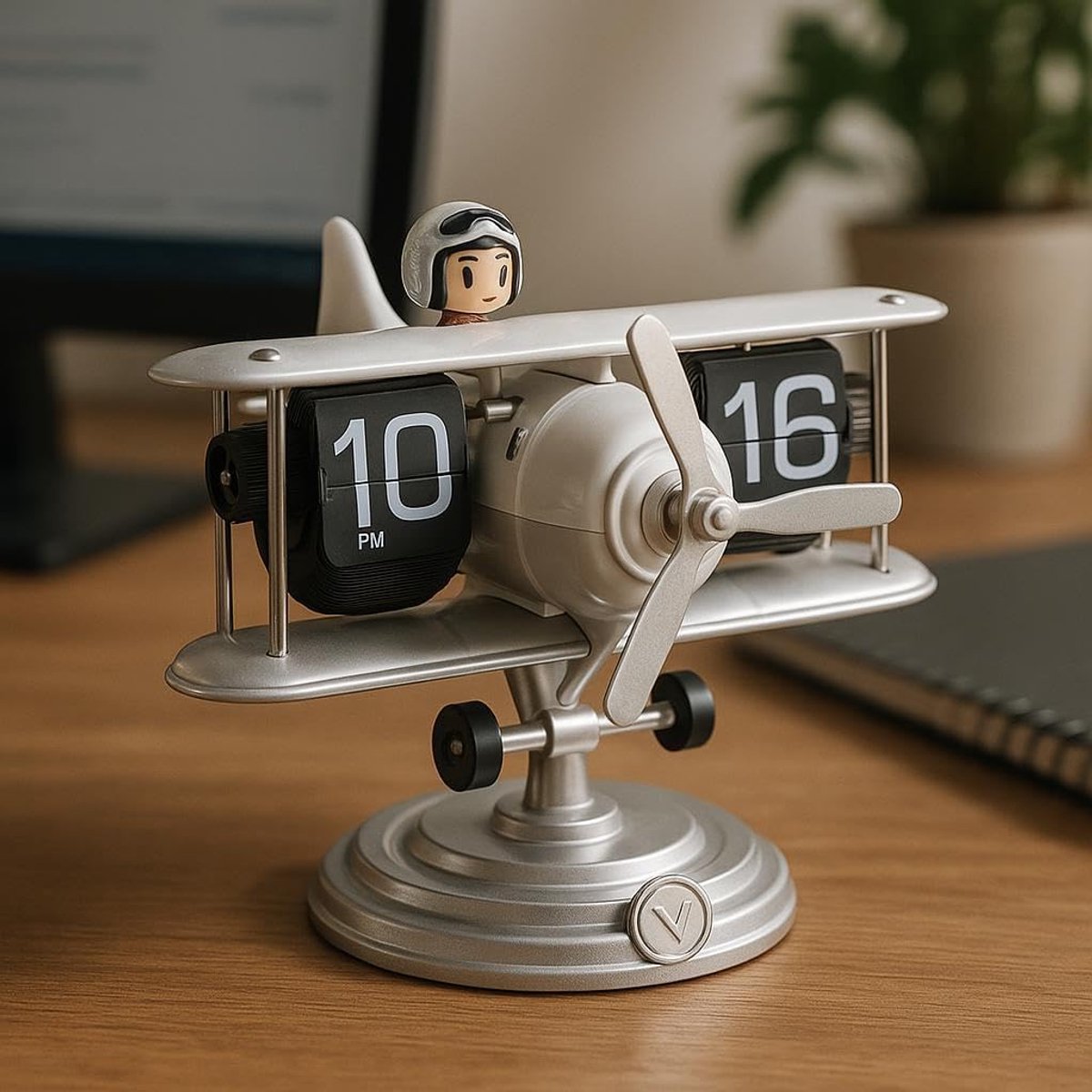 Vliegtuig‑flip tafelklok, retro vintage stille tafelklok wit, batterijgevoed met automatisch mechanisme, grote cijfers, uniek klassiek cadeau voor thuis en kantoor
