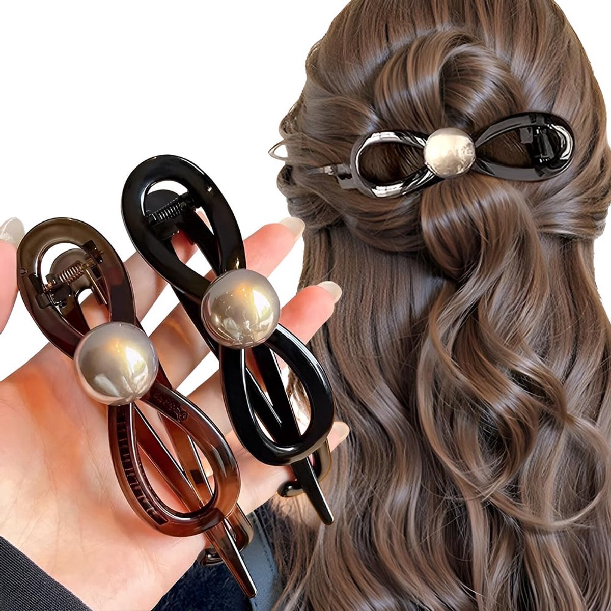 2 Stuks Haarclips met Parelstrik - Zwart en Koffie - 11 cm - Antislip - Geschikt voor Dun en Dik Haar