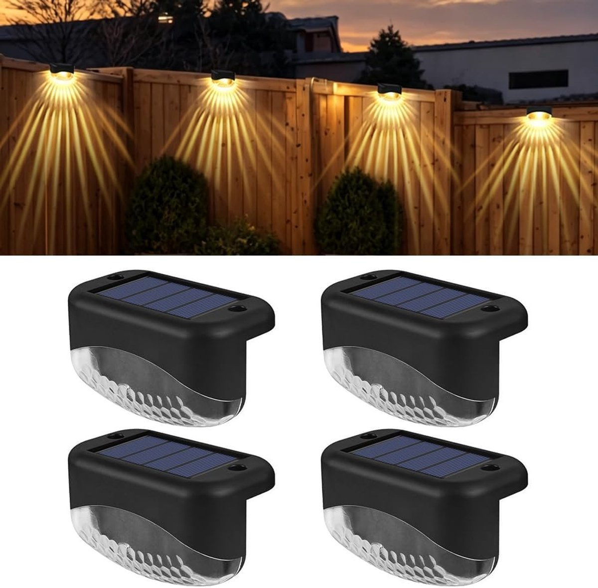 Zonnelampen voor buiten, 4 stuks zonnelampen voor buiten, tuin, hekverlichting op zonne-energie, IP65 waterdicht, wandlamp op zonne-energie voor buitentrap, treden, hek, binnenplaats, terras [Energieklasse A]